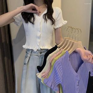 Cardigan court tricoté à col en V pour femme, t-shirt blanc à manches courtes avec bord Agaric coréen, 2024 boutons, hauts en tricot fin