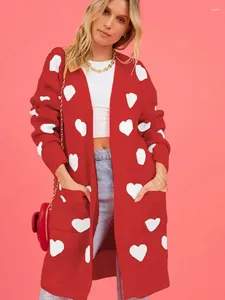 Damenstrick-Cardigan „Valentine's Day Love“, mittellange Jacke, Zopfmuster, lange, vorne offene Knopfpullover mit Taschen