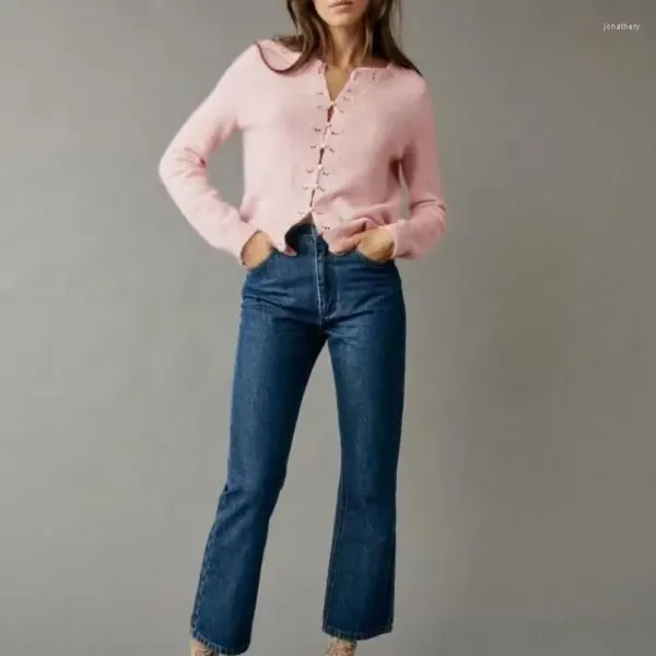 Cárdigan de punto VII 2023 para mujer, ropa de otoño, mezcla de lana, botón de corbata frontal, suéter bordado calado de punto