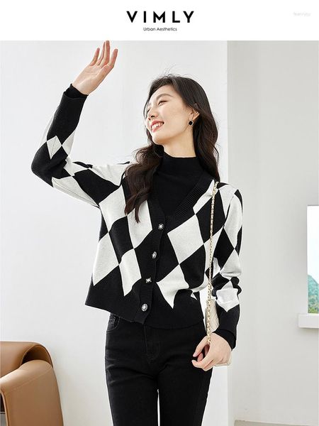 Cárdigans Argyle blancos y negros con cuello en V Vimly para mujer, moda 2023, Top suave de manga larga, suéter femenino, ropa de otoño e invierno