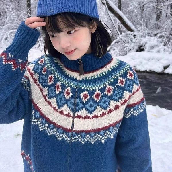 Suéteres estéticos Vintage Blue Fair Isle para mujer, cárdigan con cuello alto y cremallera, abrigos para mujer, chaquetas holgadas de invierno para exteriores