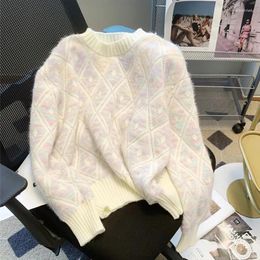 Suéter suave Vintage de punto para mujer, suéter morado de manga larga de otoño, Top de estilo coreano, prendas de punto holgadas y relajadas para mujer