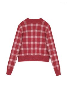 Femmes tricots Vintage tricoté Cardigan coréen Sexy doux femmes pull costumes gilet rouge Plaid hauts courts femme 2022 automne décontracté