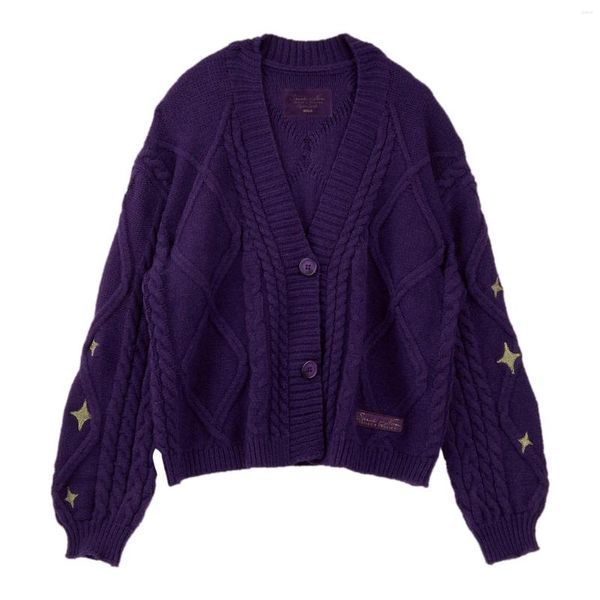 Tricots pour femmes Vintage tricoté Cardigan violet femmes étoile bouton tricot pull ample manteau à manches longues automne hiver chaud Preppy tricots