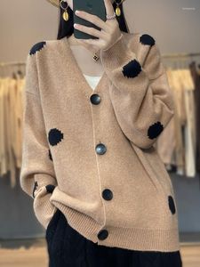 Cardigan ample à manches longues pour femme, tricot, Vintage, décontracté, à la mode, à pois, automne/hiver, 2023