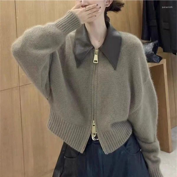 Puntos de mujer Vintage Patchwork Punto Cardigan Mujeres Cuello de cuero Doble Cremallera Suéter Abrigo Mujer Otoño Moda Jersey Streetwear