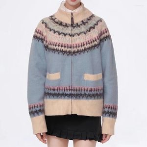 Tricots pour femmes Vintage col montant tricoté Cardigan Fair Isle pull veste pour femmes à manches longues pull manteau coréen noël hiver