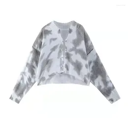 Damesbreien Vintage Tie Dye Women Cardigan All Match Long Sleeve Esthetic Sexy Contrast Color Sweet Knitted Fashion Jumpers