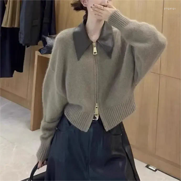 Women's Knits Vintage Turn Down Collar Sweater Double Zip Knit Cardigan Long-Sleeved Top Casual Clothes Spring Autumn