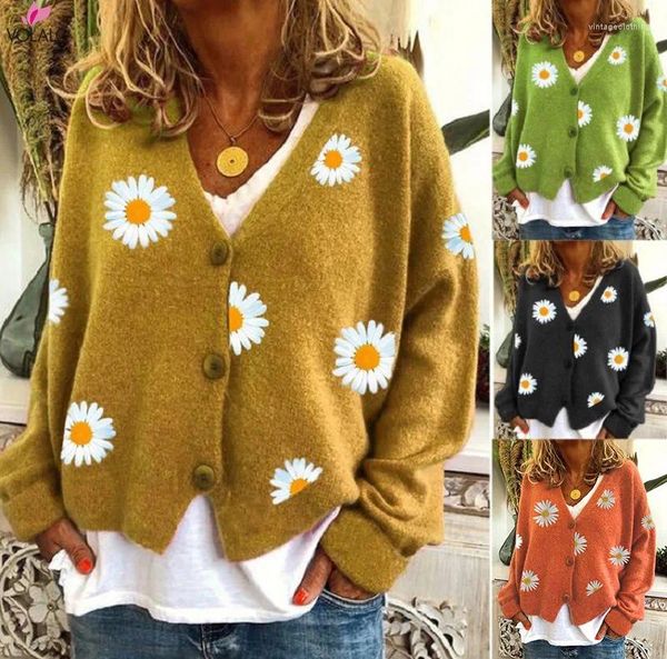 Tejidos de mujer VOLALO 2024 suéter de punto de un solo pecho otoño crisantemo flor chaqueta bordada mujeres