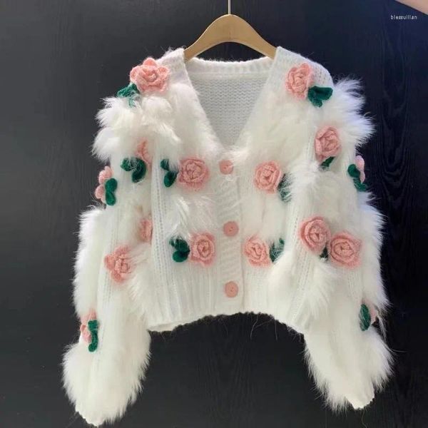 Tricots pour femmes WDMSNA Mode Femmes Cardigan Automne Doux Pull doux Brodé en trois dimensions Flouwer Knit Jumpers Crop Top