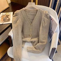 Tricots pour femmes manches bouffantes wdmsna en v-à col en tricot en tricot d'automne / hiver français vintage single boit