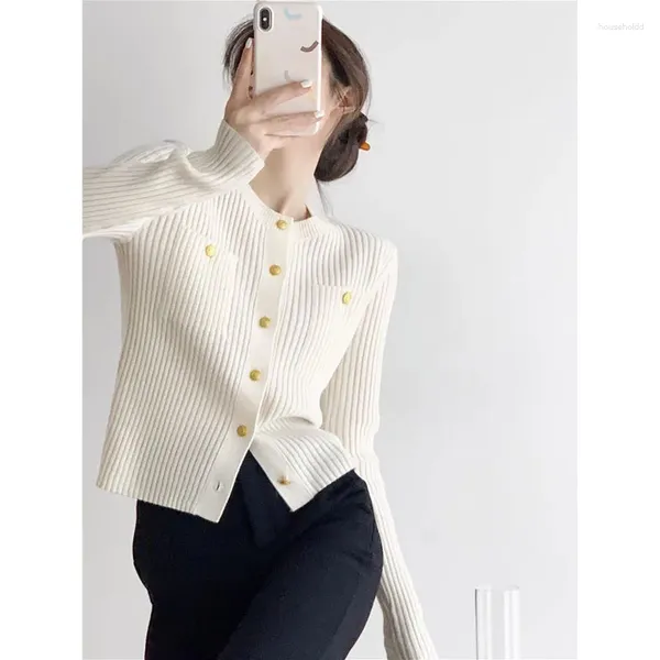 Cardigan tricoté à col rond pour femme, tricot blanc, élégance française, bouton doré, pull court, Design Sense, manteau de Niche, printemps-automne