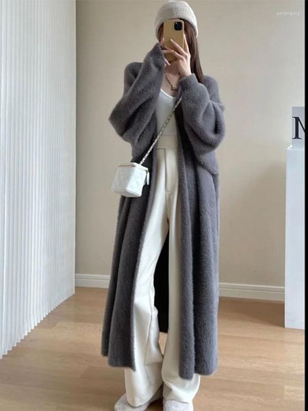 Damenstrick weiß grau lange Strickjacke für Frauen 2023 Herbst Winterkleidung gestrickt flauschige Ärmel Nerz Kaschmir Pullover Mantel koreanischen Stil