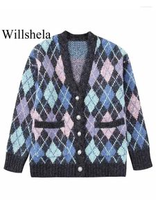 Tricots pour femmes Willshela Femmes Mode Argyle Plaid Cardigan Cardigan Pull Vintage Manches Longues Col V Femme Chic Lady Tenues