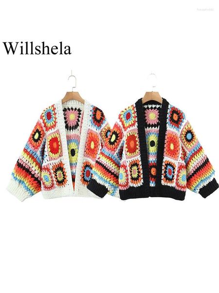 Tricots pour femmes Willshela Femmes Mode Cardigan tricoté à la main Pull Vintage Col V Manches longues sans boutons Femme Chic Outwear