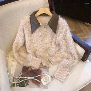 Tricots pour femmes Hiver Automne PU Cou Patchwork Mohair Manteau Fermeture Éclair Manches Longues Vison Tricot Cardigan Femmes Chaud Laine Pull Court Jumper H627