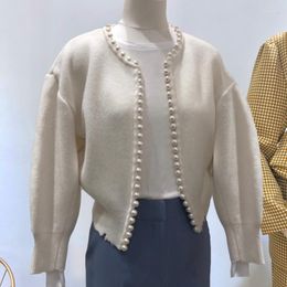 Vrouwen Knits Winter Chic Parels Getrimd Gebreid Vest Bovenkleding Vrouwen Koreaanse O Hals Mode Kralen Warme Dikke Trui Jas