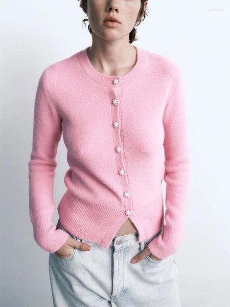 Tricots pour femmes Vêtements d'hiver Femmes 2023 Fausse perle boutonnée Pull en tricot à poitrine unique Cardigan Col rond Manches longues Ajusté Casual