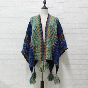 Tricots pour femmes hiver femme Capes coloré rayé col en V couleurs contrastées Cardigan Style ethnique tricot bohème gland dame Poncho pour le travail