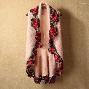 Tricots pour femmes hiver femmes mohair tricot enveloppe cargidans dame sans manches broderie ponts roses crochet fleur swing dis5