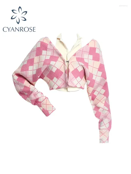 Cardigan à manches longues en tricot pour femme, pull rose à motif de cœur Argyle, manteau à boutons, collection automne-hiver 2024