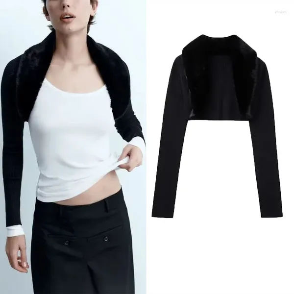 Tricots pour femmes Femme Fausse Fourrure Col Tricot Crop Cardigan Hiver Noir Mode Front Ouvert Warmers Femmes Élégant Pull À Manches Longues