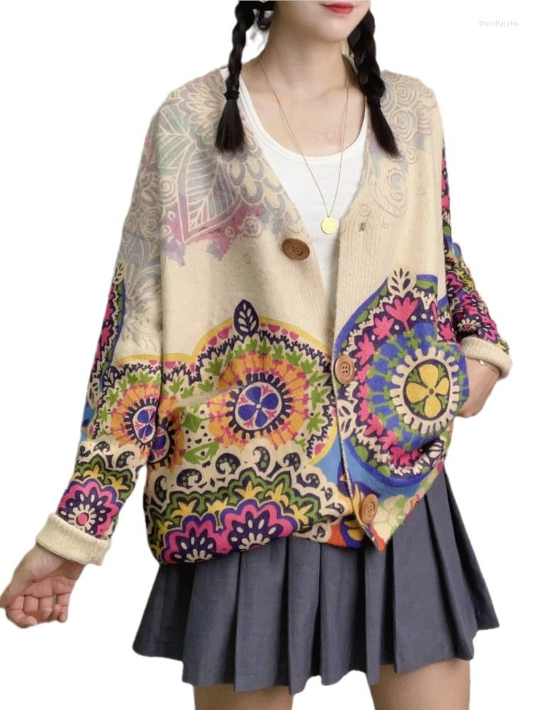 Malhas femininas outono inverno tricô camisola moda com decote em v botão impressão de manga comprida solta casual tops casaco
