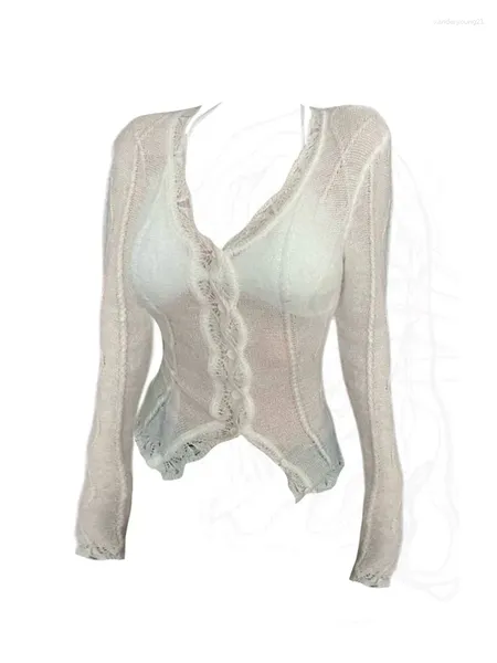Tricots pour femmes Femmes Cardigan de base simple pull mince printemps été à manches longues design transparent pull tricoté doux mode clubwear marée