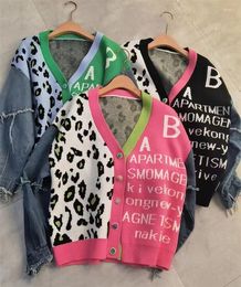 Damesgebreid Damesvest Jas Lange mouw Denim Patchwork V-hals Knop aan de voorkant Strik Stretch Grof gebreid Oversized printtrui