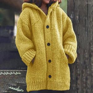 Cardigan en tricot pour femme, veste confortable, pull à capuche, manteau chaud, mi-long, avec cordon de serrage, automne et hiver