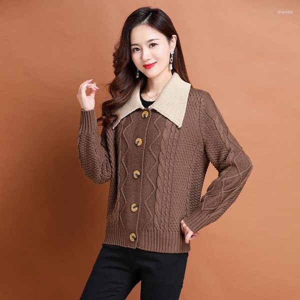 Tricots pour femmes Femmes Chunky Cardigan tricoté Pulls Patchwork Col rabattu Conception Tricots à simple boutonnage Jaune Café Kaki Noir