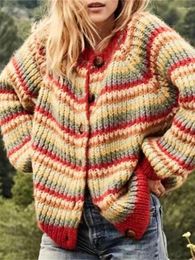 Femmes tricots femmes Crochet coloré rayé laine tricoté Cardigan 2023 dames Vintage ample à manches longues pull classique