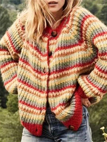 Cárdigan de punto de lana a rayas coloridas de ganchillo para mujer 2023 suéter de manga larga suelto Vintage para mujer clásico