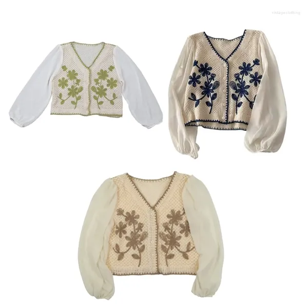 Femme Tricots Femmes Cromuvées Cardigan Français Français Bouton à manches longues Couvre pour la veste Crochet d'été Floral Outwear CO F0T5