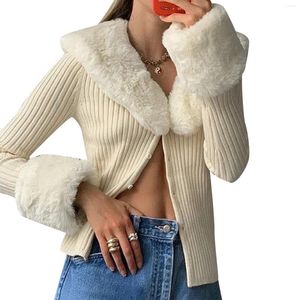 Tricots tricots femmes fourrure triple coulé tricot crop top top top à manches longues Vneck Cardigan Pullover Pull avec des manchettes à col moelleux