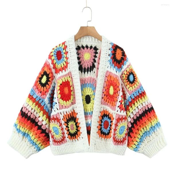 Tricots de femmes Tricots Femmes Granny Square Crochet mignon Modèle Cardigan Fleur Designer Knit Open Open pour