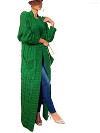 Femmes tricots femmes tricot côtelé fleur à manches longues avec poche point ouvert Maxi mince Cardigan pull hiver automne 2023 Outcoat