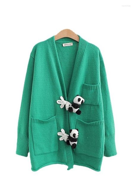 Femmes tricots femmes tricoté Cardigan avec poches dessin animé Panda Appliques mignon chandails à manches longues col en v femme doux hauts tricots