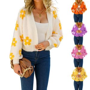 Dames Gebreid Dames Vest Met Lange Mouwen Fuzzy Bloemen Cropped Trui Tops Casual Elegant Comfy Chic Pluizige Korte Jas