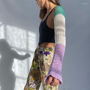 Femmes Tricots Femmes Manches Longues Crochet Tricot Crop Top Contraste Couleur Patchwork Découpe Chandail Châle Boléro Évider Maille Ouvert Avant Résille