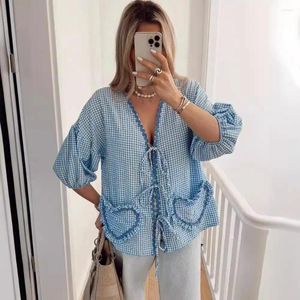 Damesbreien vrouwen houden van pocket lantaarn mouw shirt contrasterende geruite veter voor vrouw 2024 lente casual dame blouse kleding