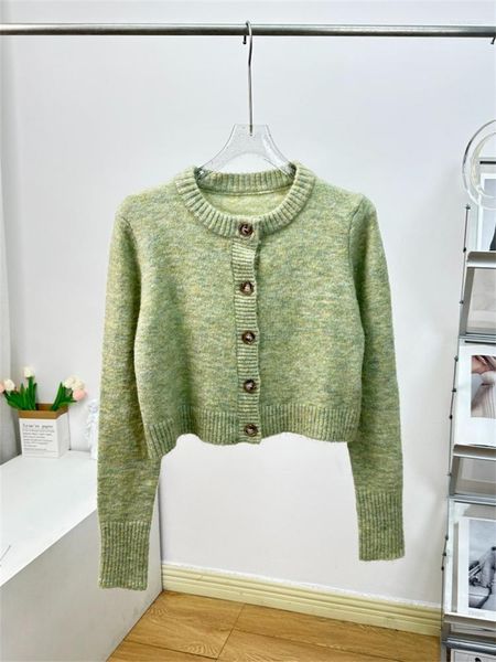 Femmes tricots femmes col rond vert tricoté court Cardigan automne 2023 dames élégant à manches longues simple boutonnage pull vêtements d'extérieur