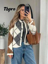 Tricots pour femmes Femmes Patchwork Tricoté O-Cou Cardigan Pull Mode À Manches Longues Manteau À Boutonnage Automne Femme Chic Vêtements D'extérieur