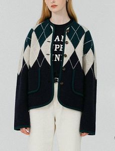 Damesbreien dames retro trui lingge plaid vest vesting kleur stiksel met één borsten 2022 dames herfst winter gebreide kleding met zak