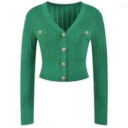 Malhas femininas Mulheres Coreanas Trendy Runway Design Cardigans para Mulheres Camisola Casaco Botões Dourados Malha Crop Tops V-Neck Outwear Jersey