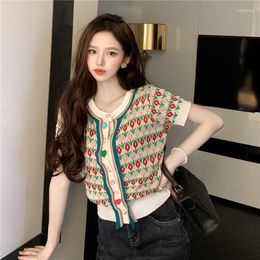 Tricots pour femmes T-shirts pour femmes coréen Jacquard tricot Cardigan perle Crochet floral mince femmes pull haut été contraste couleur unique