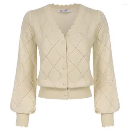 Cardigan festonné à col en V pour femme, manches longues, boutonné, tricot léger, boléro ouvert sur le devant, pull à haussement d'épaules, A30