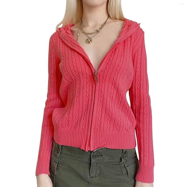 Tricots pour femmes Femmes Slim Fit Crochet Sweat à capuche Rose Couleur unie Manches longues Zip Up Pull à capuche S/M/L