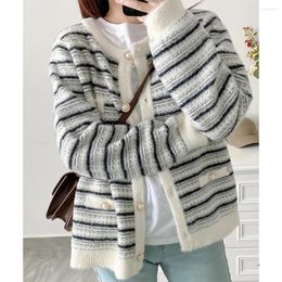 Damesbreien vrouwen gestreepte vesten jagen lente herfst herfst lange mouw zacht gebreide jassen bovenkleding faux mink fleece trui